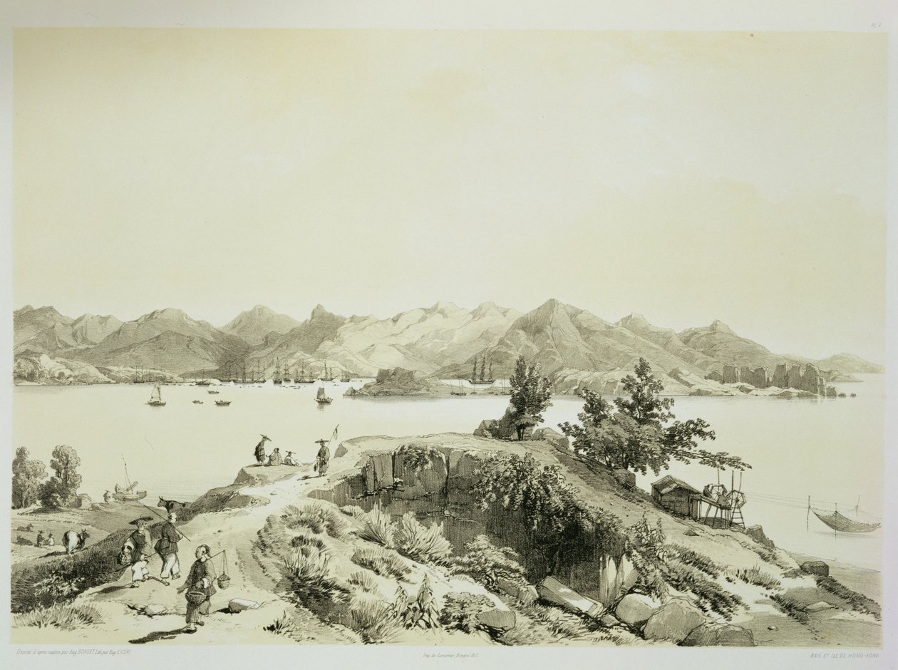 خليج وجزيرة هونغ كونغ ، اللوحة 4 من "اسكتشات الصين" ، نقشها يوجين سيسيري (1813-90) 1842 (ليثو ملون) بواسطة أوغست بورغيت