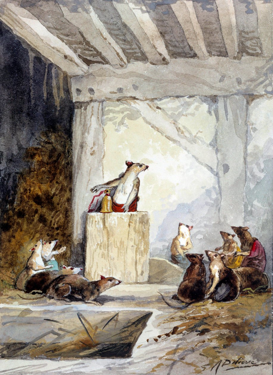 رسم توضيحي للحكاية "المجلس الذي عقدته الفئران" لجين دو لافونتين. لوحة مائية لأوغست ديليير (1829 - 1890) بواسطة أوغست ديليير