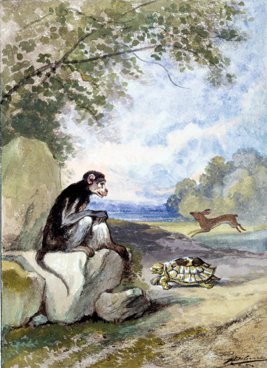 رسم توضيحي لخرافة "الأرنب والسلحفاة" لجين دو لافونتين. لوحة مائية لأوغست ديليير (1829 - 1890) بواسطة أوغست ديليير