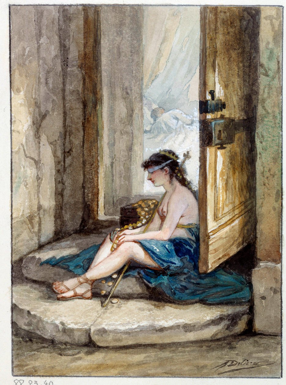 رسم توضيحي للحكاية "الرجل الذي يسعى وراء الثروة والرجل الذي ينتظره في سريره" لجين دي لافونتين. لوحة مائية لأوغست ديليير (1829 - 1890) بواسطة أوغست ديليير