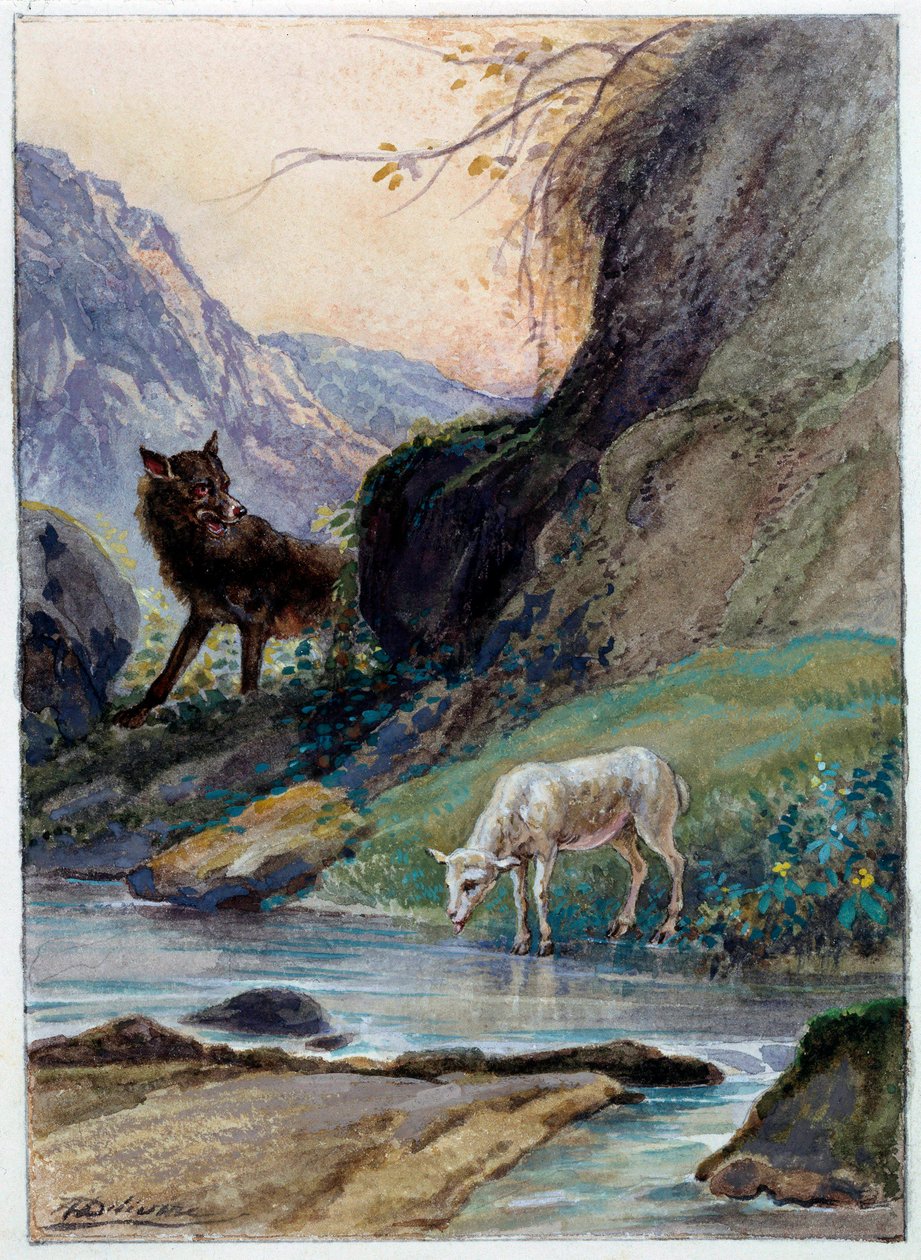 رسم توضيحي لخرافة "الذئب والحمل" لجين دو لافونتين. لوحة مائية لأوغست ديليير (1829 - 1890) بواسطة أوغست ديليير