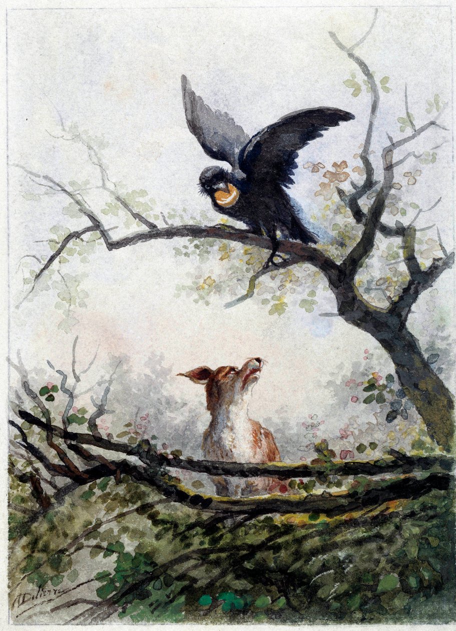 الثعلب والغراب. رسم توضيحي لخرافة جان دي لافونتين (1621-1695) بواسطة أوغست ديليير