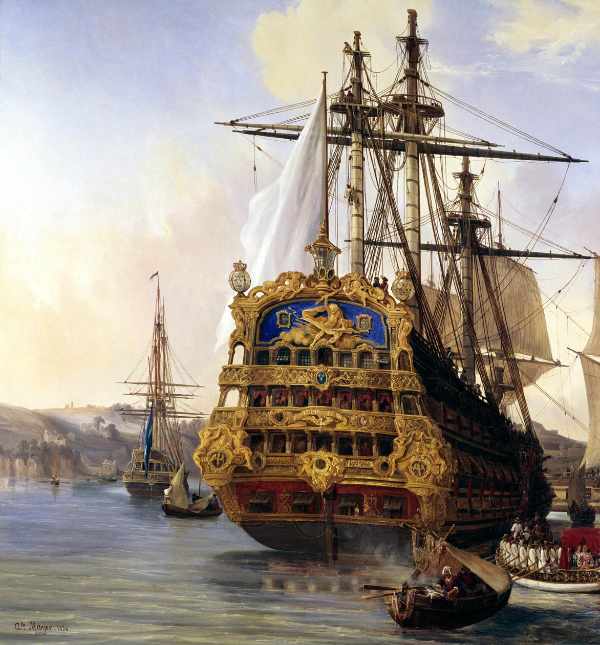 السفينة "" فودرويانت "" في ميناء بريست عام 1724 "" التفاصيل. لوحة لأوغست ماير (1805-1890) 1724 بريست ، متحف الفنون الجميلة - السفينة "Le Foudroyant" "" في ميناء بريست بواسطة أوغست إتيان فرانسوا ماير