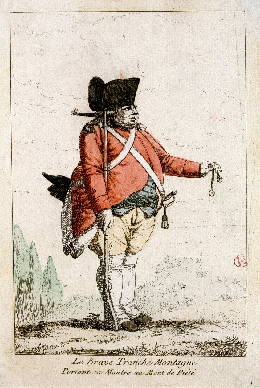 The Brave Mountain Slice Mountain يرتدي ساعته في Piety Mountain. في "" أزياء عصر الثورة 1790-1793 "". المياه الملونة للسيد Guillaumot Jr. بواسطة Auguste Etienne فيلس Guillaumot