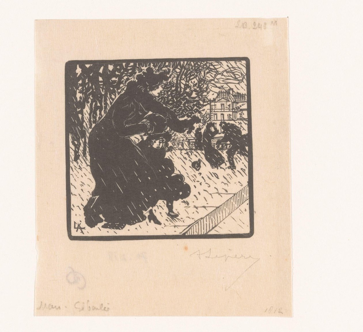 امرأة وطفل في الحمام Giboulées au Luxembourg Mars Giboulée (العنوان على الكائن) يناير وفبراير ومارس 1894 (عنوان السلسلة) Janvier، Février et Mars 1894 (عنوان السلسلة) بواسطة أوغست ليبير (توقيع الفنان)