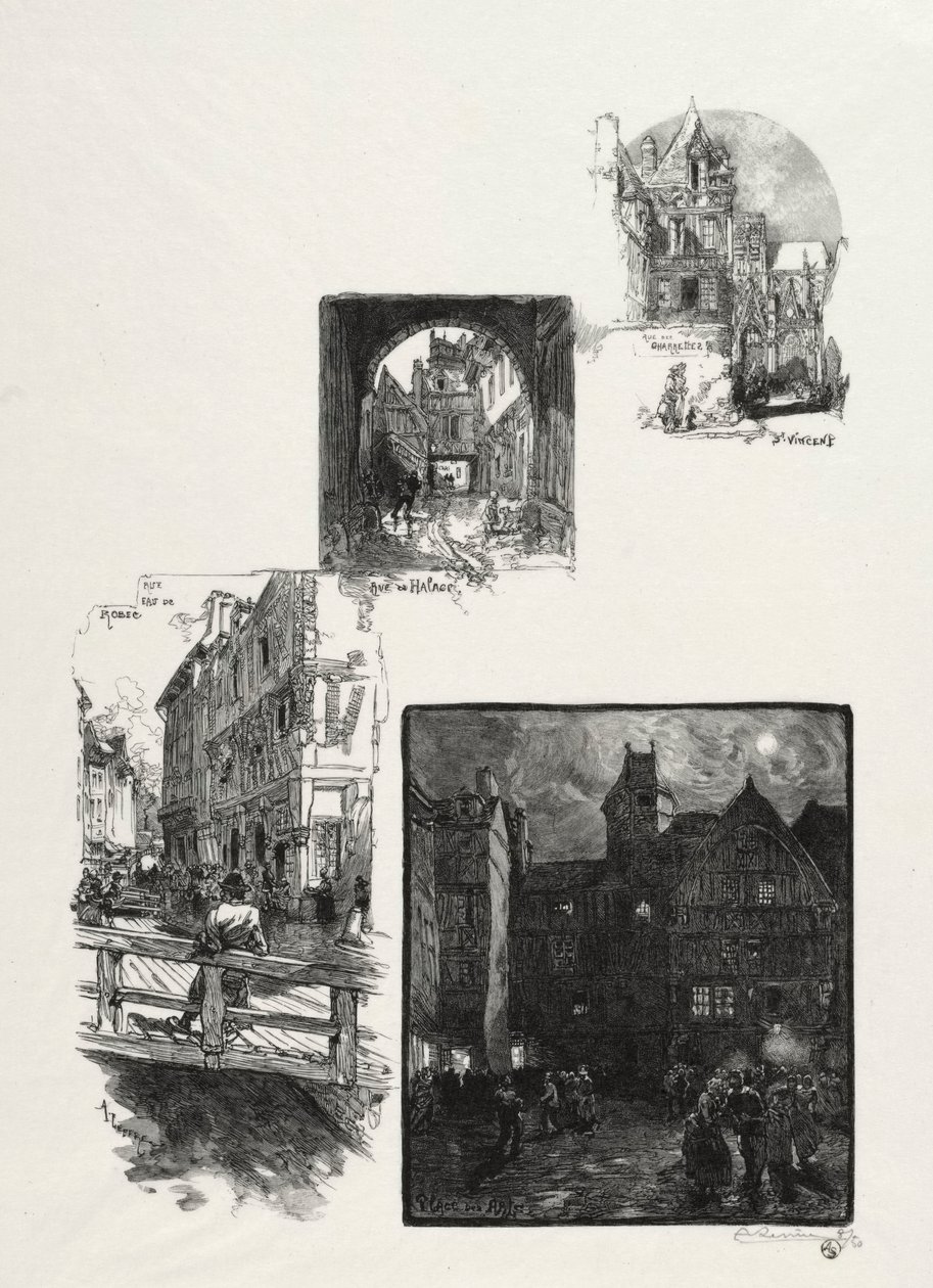 روان المصور: Rue des Charretes ؛ شارع هالاج Rue Eau de Robec؛ ساحة الفنون بواسطة أوغست لويس ليبيري
