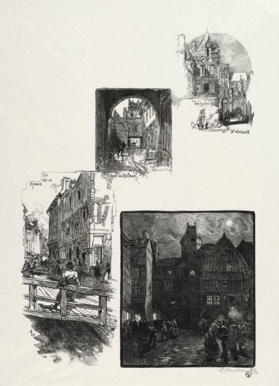 روان مصور: Rue des Charretes ، Rue de Halage ، Rue Eau de Robec ، Place des Arts ، 1896. بواسطة أوغست لويس ليبيري
