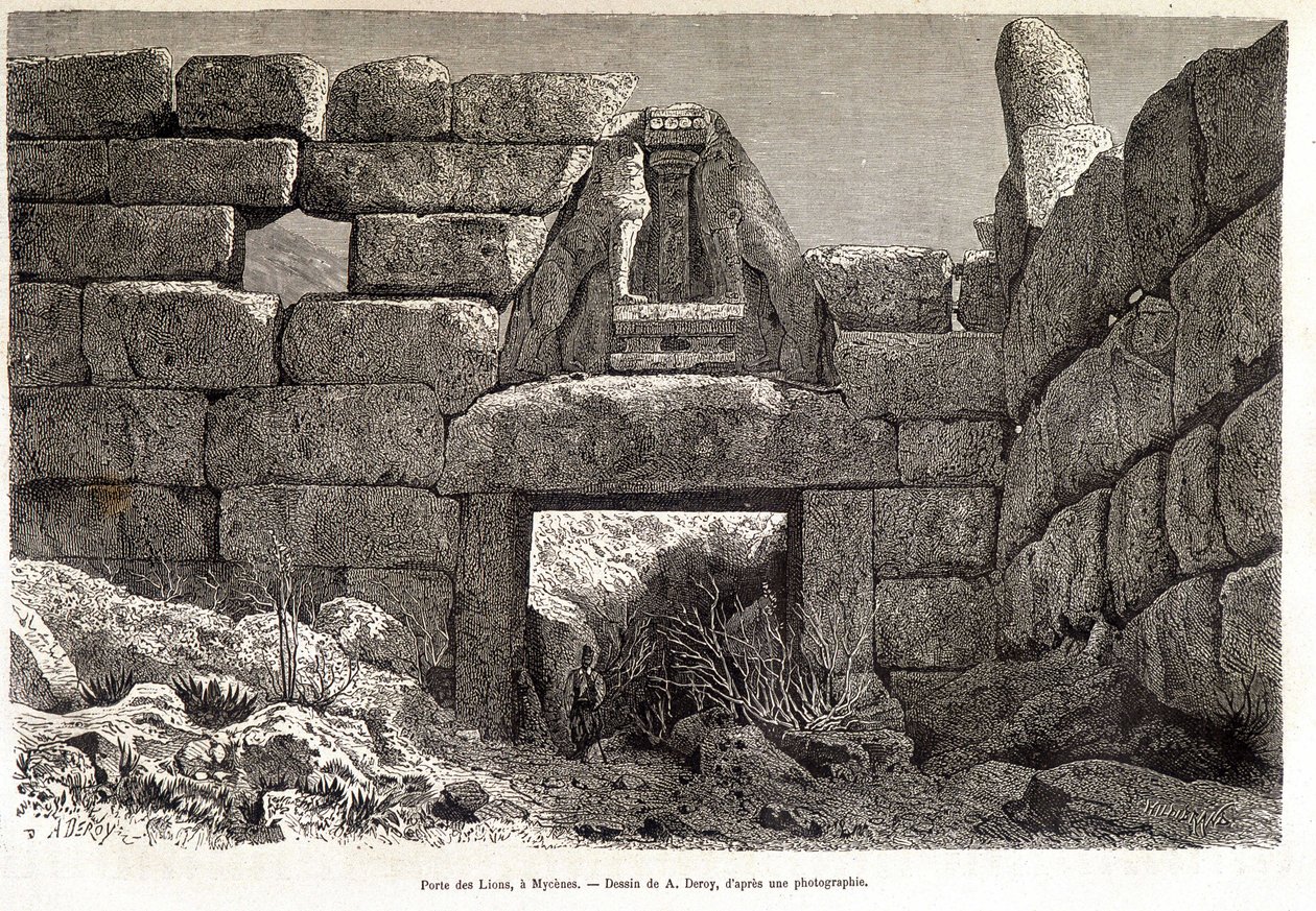 بوابة الأسود في Mycenae - رسم بواسطة A. Deroy ، في "" Round the World "" 1877 الفصل الدراسي الثاني بواسطة أوغست فيكتور ديروي
