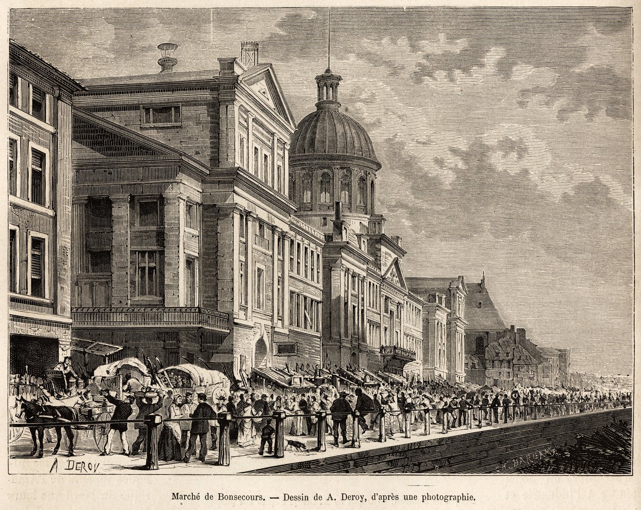 Le marche de Bonsecours ، وهو مركز سياحي وثقافي في مونتريال ، نقش بعد رسم من قبل A.Deroy ، يوضح رحلة إلى كندا و Riviere Rouge du nord ، بواسطة H. De Lamotte ، في عام 1873 ، نُشر في "" Le Tour du موندي "" 1875 ، حرره Edou بواسطة أوغست فيكتور ديروي