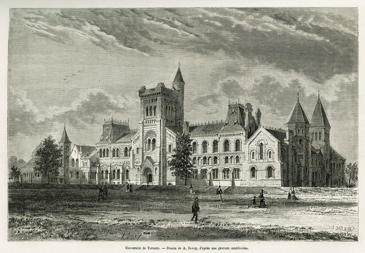 جامعة تورنتو ، رسمها أ. ديروي ، لتوضيح قصة رحلة إلى كندا والنهر الأحمر الشمالي عام 1873 بواسطة إتش دي لاموت. نقش في Le Tour du monde بواسطة أوغست فيكتور ديروي