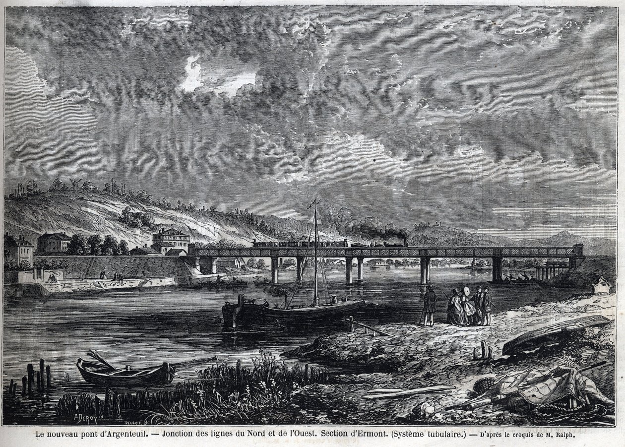 يحتوي الجسر الجديد على Argenteuil. تقاطع خطوط الشمال والغرب. قسم إيرمونت (نظام أنبوبي). نقش بعد رسم لرالف في "" لوموند لامع "، 29/08/1863. مجموعة خاصة. بواسطة أوغست فيكتور ديروي