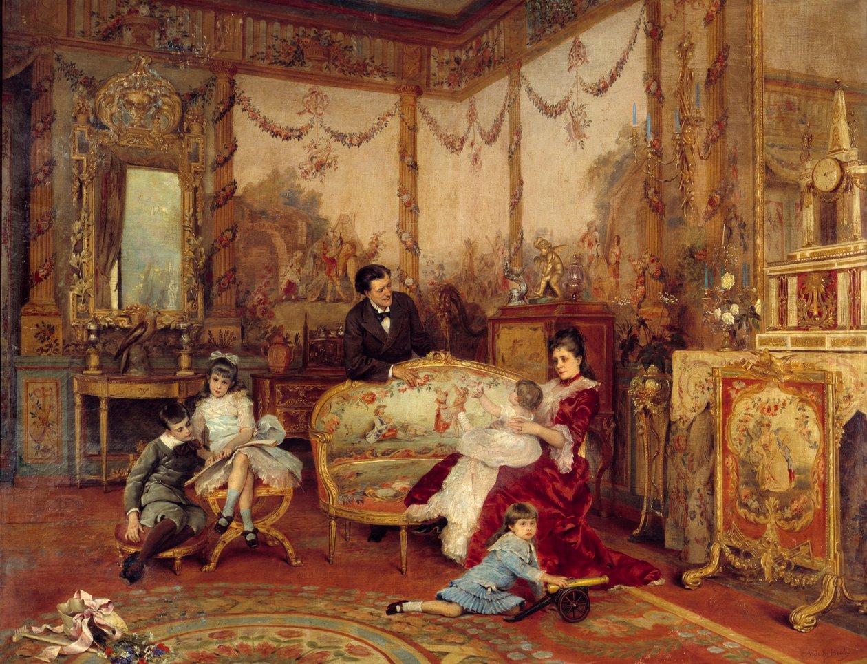 Victorian Sardou (1831 - 1908), playwright, and his children. View from the interior of a living room with fire in front of the fireplace. Painting by Auguste La Brely (1838-1906) بواسطة أوغست دي لا بريلي