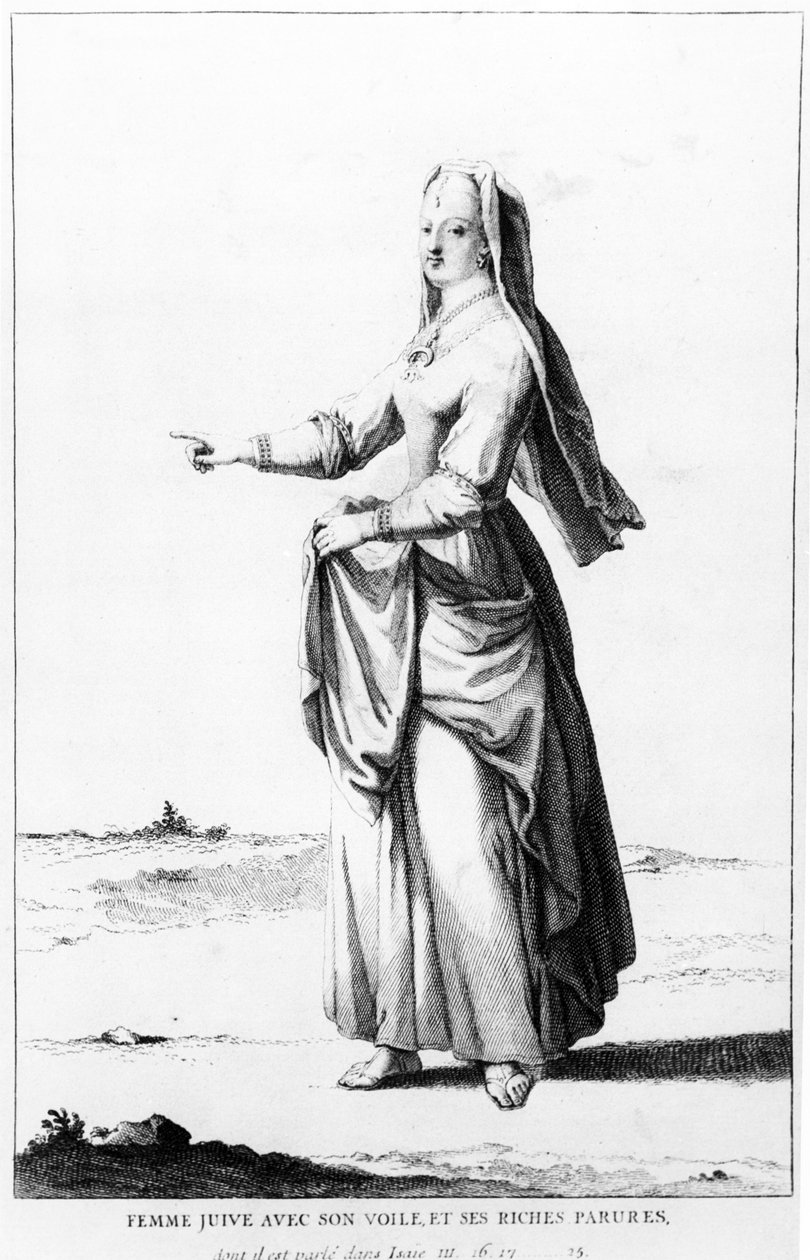 امرأة يهودية فرنسية بحجابها وزخارفها الغنية ، توضيح من Dictionnaire Historique de la Bible ، 1722 بواسطة أوغسطين كالميت