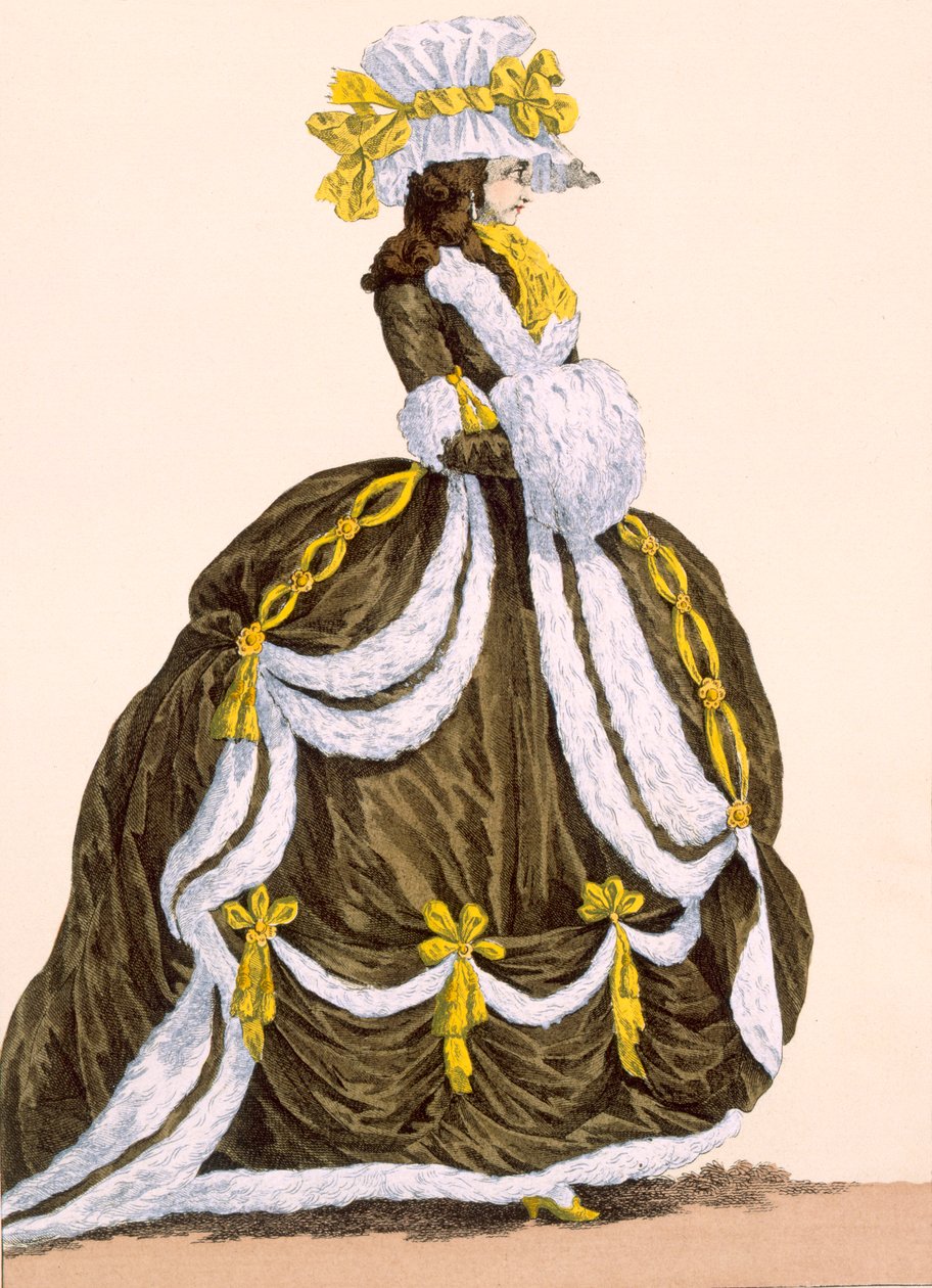 فستان كراميل لعرضه في المحكمة ، منقوش بواسطة Dupin ، اللوحة رقم 276 من "Galeries des Modes et Costumes Francais" ، c.1778-87 بواسطة أوغسطين دي سانت أوبين