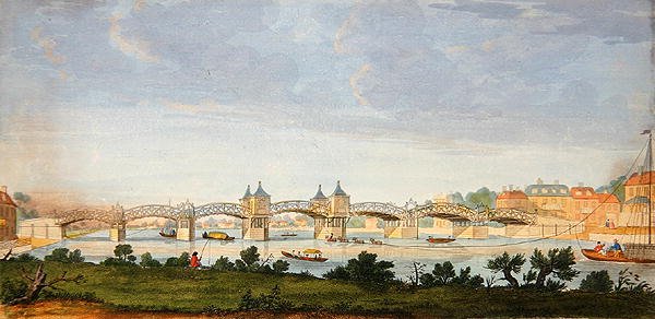 منظر منظور لجسر هامبتون كورت الذي يعبر نهر التايمز ، نقش بواسطة تشارلز غرينيون (1717-1810) حوالي 1754 (نقش ملون) بواسطة أوغستين (بعد) هيكل