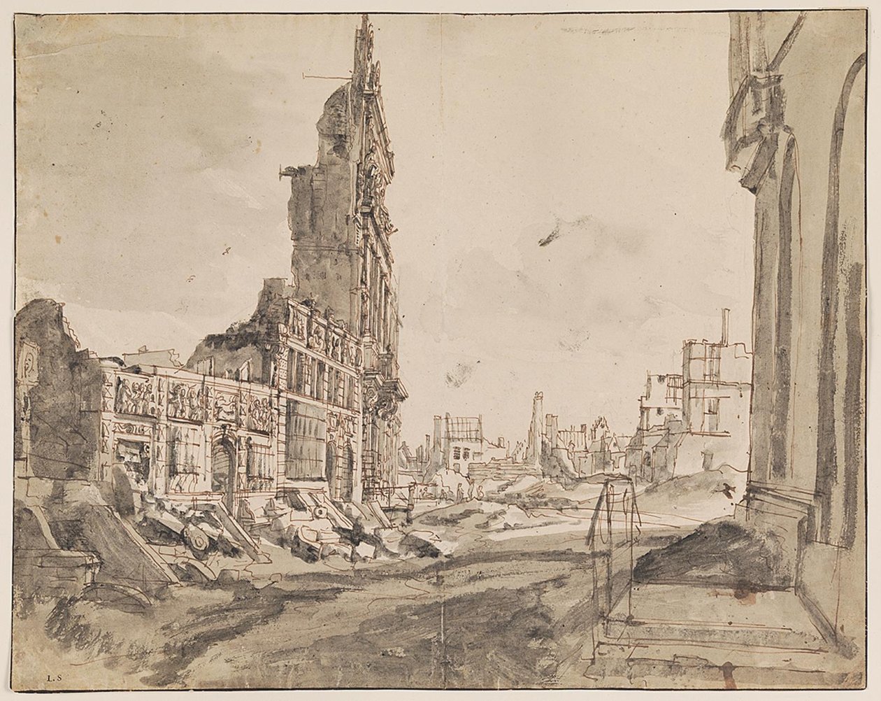 منظر على الزوايا الشمالية الشرقية والشمالية الغربية من Grand Place بعد قصف عام 1695 بواسطة أوغسطين كوبينز