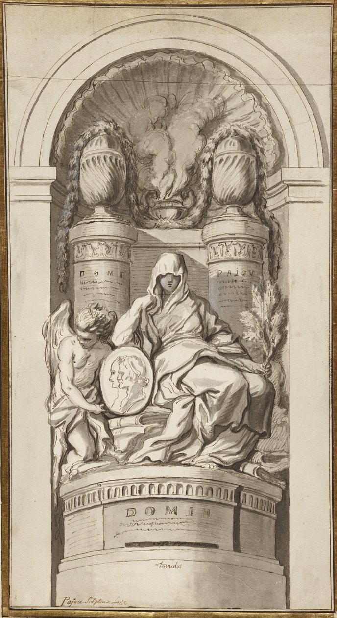 دراسة لنصب جنائزي ، 1750 (طباشير أسود ، قلم وحبر بني ، يغسل بني ورمادي ، ارتفاع أبيض على ورقتين متصلتين) بواسطة أوغسطين باجو