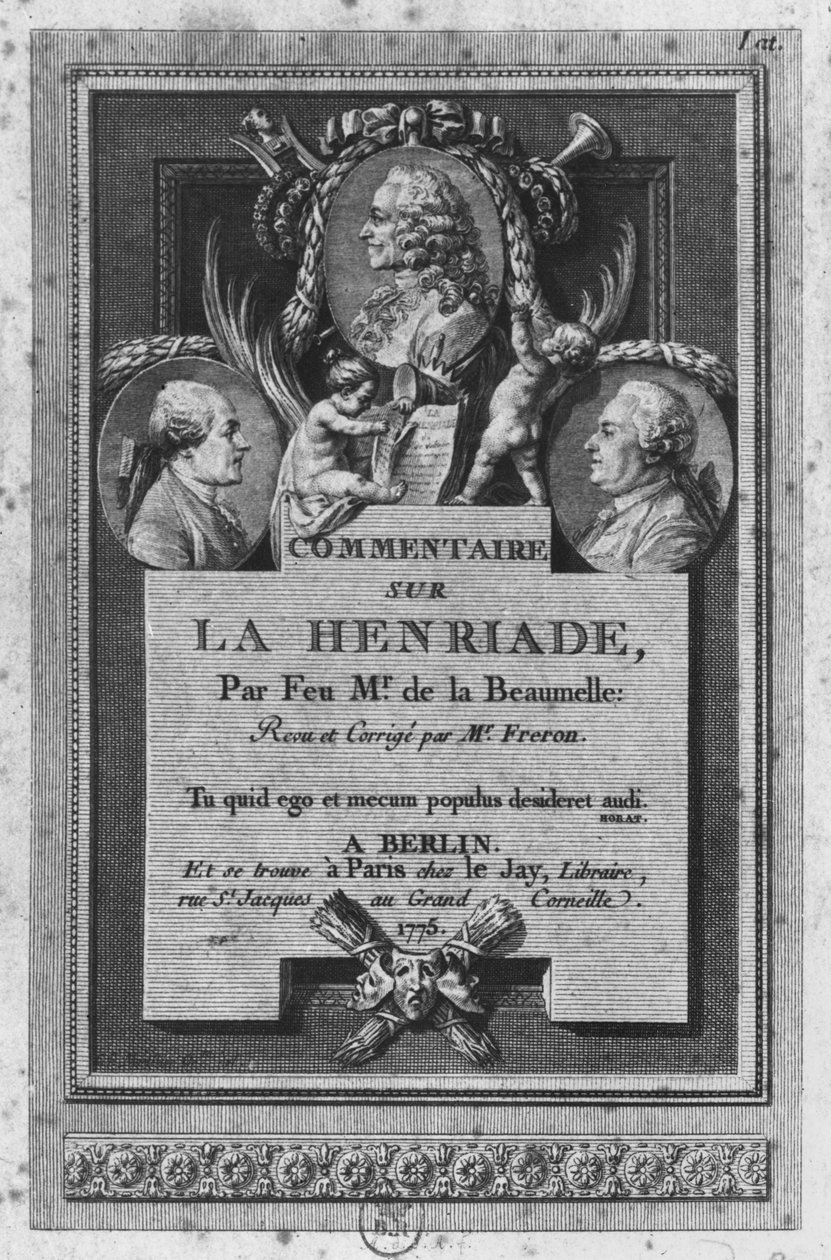 صورة في الجزء الأمامي من شرح بقلم la la Beaumelle من "La Henriade" بقلم فولتير ، تم تنقيحه وتحديثه بواسطة Freron ، نشر في برلين وباريس ، 1775 بواسطة أوغسطين دي سانت أوبين