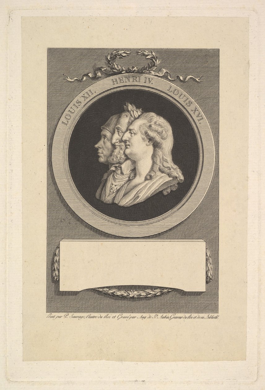 صورة لويس السادس عشر وهنري الرابع ولويس الثاني عشر 1791. بواسطة أوغسطين دي سانت أوبين