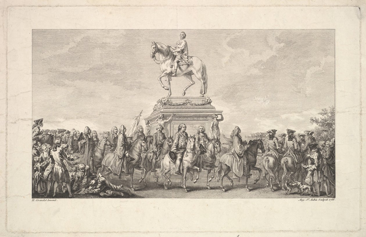 تدشين تمثال لويس الخامس عشر ، نقوش على الصفحة 1 ، من الوصف des Trava ... ، 1766. بواسطة أوغسطين دي سانت أوبين