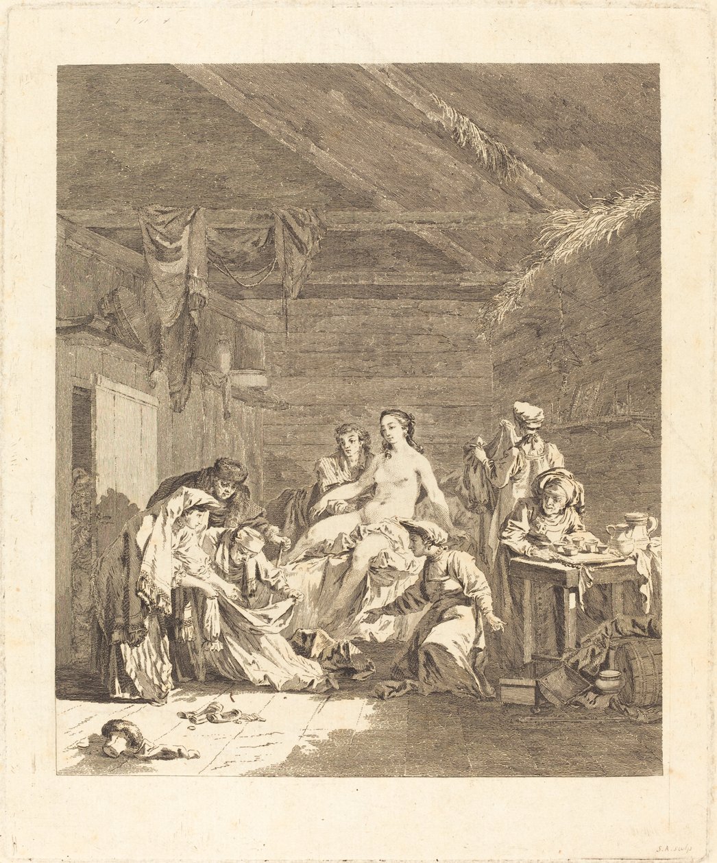 Le lever de la mariée russe (عادة الروس بعد مراسم الزواج وقبل وليمة الزفاف) بواسطة Augustin de Saint Aubin بعد جان بابتيست لو برينس