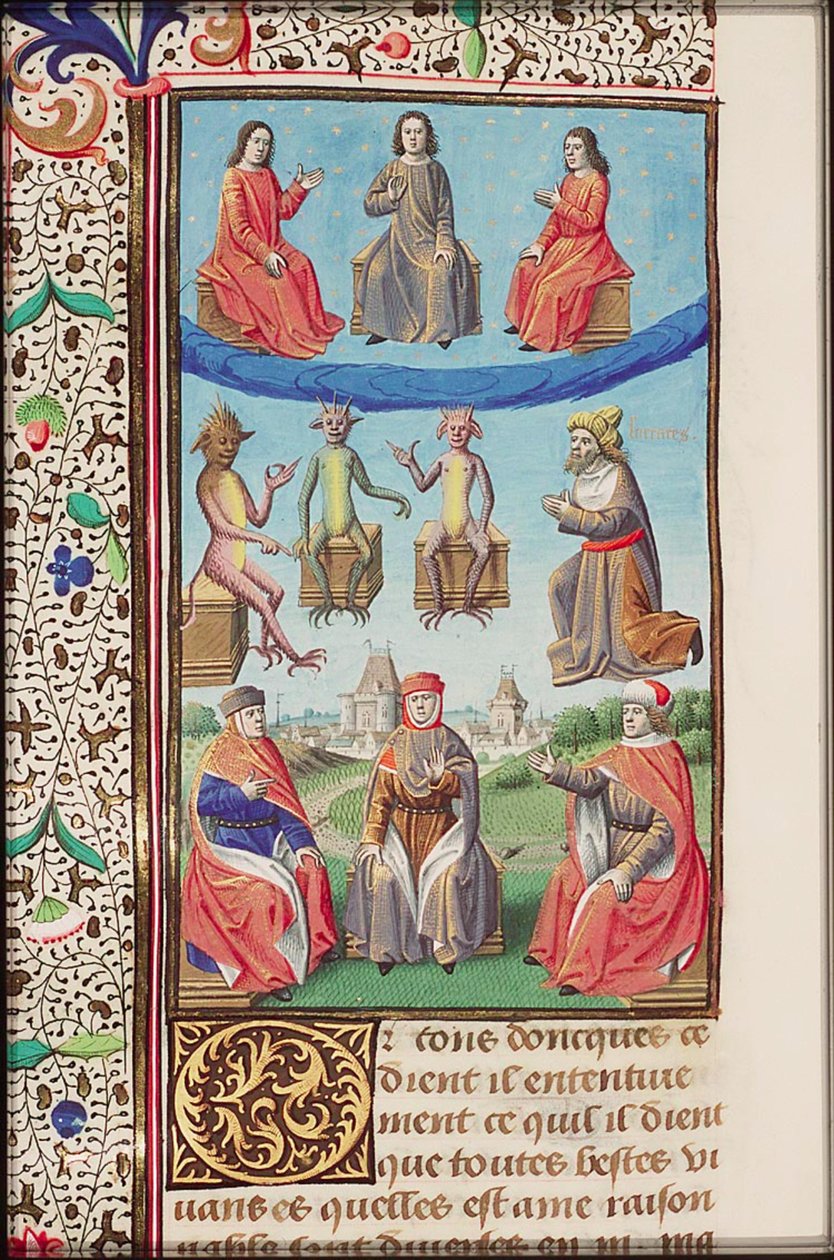 صفحة مضيئة من كتاب مدينة الله ، ترجمة فرنسية بقلم راؤول دي بريسلز (1371-1375). بواسطة أوغسطين من فرس النهر