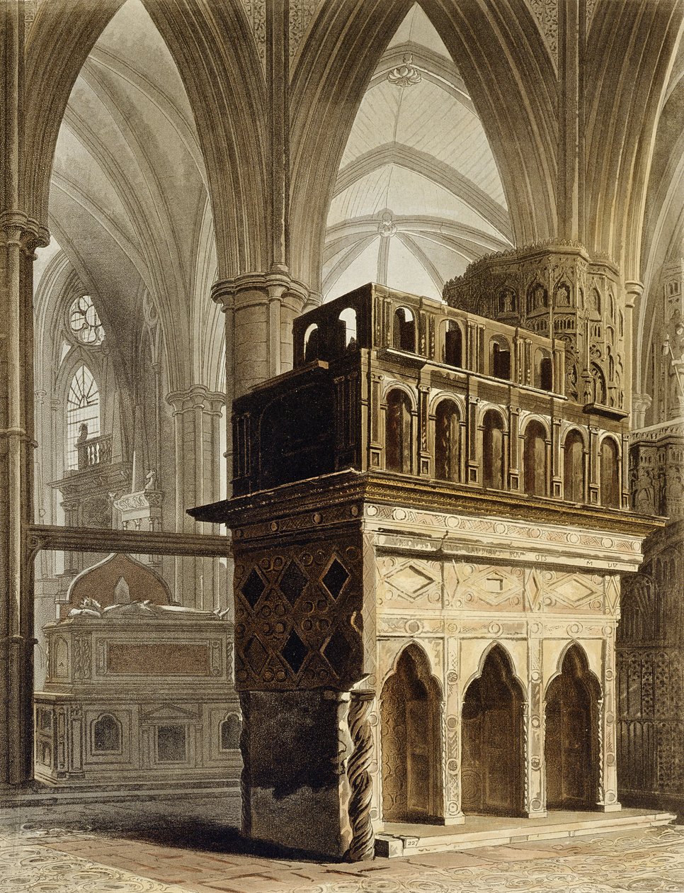 نصب إدوارد المعترف ، اللوحة M من &39;Westminster Abbey&39; ، محفورة بواسطة J. Bluck (fl.1791-1831) حانة. بقلم رودولف أكرمان (1764-1834) 1812 (أكواتينت) بواسطة أوغسطس تشارلز بوجين