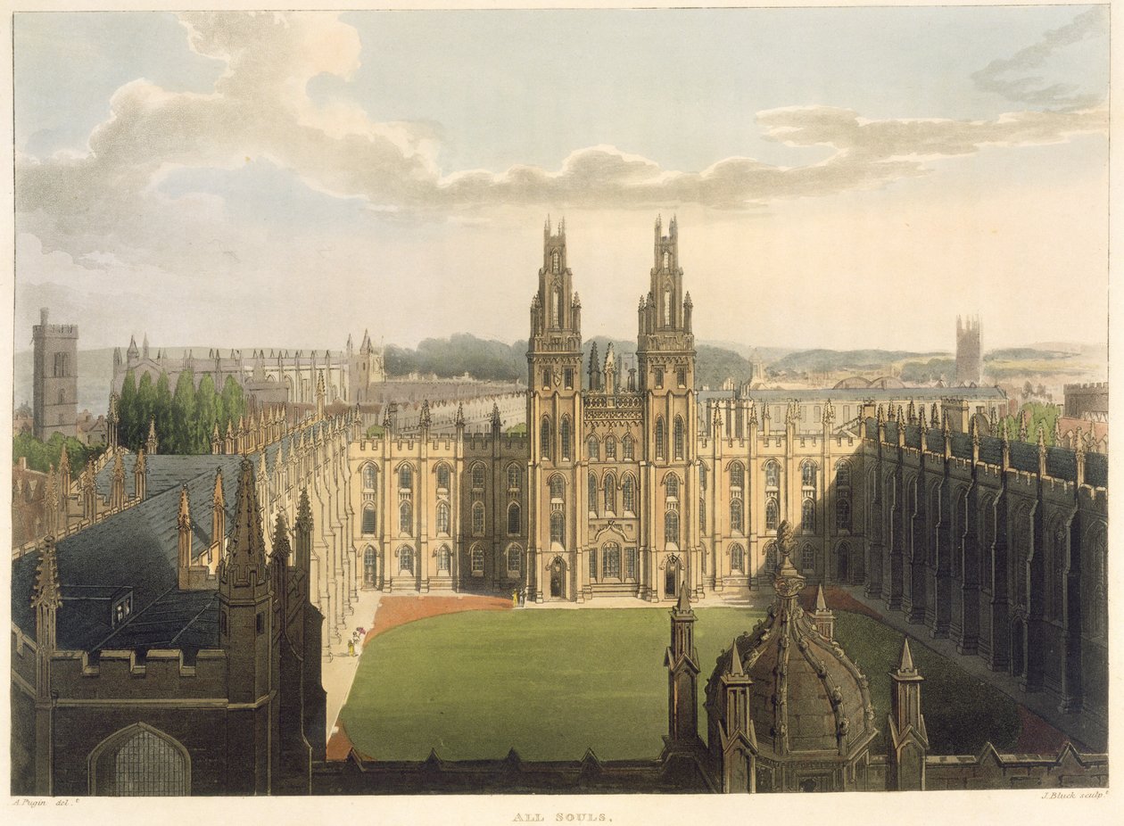 المنظر الخارجي لكلية Souls College ، مأخوذة من أعلى مكتبة Radcliffe Library ، صورة توضيحية من "تاريخ أكسفورد" ، محفورة بواسطة حانة J. Bluck (fl.1791-1831). بقلم R. Ackermann ، 1814 (أكواتينت) بواسطة أوغسطس تشارلز بوجين