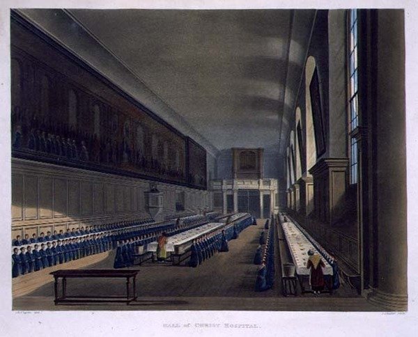 مستشفى Hall of Christ ، من "تاريخ مستشفى المسيح" ، جزء من "تاريخ الكليات" ، نقش بواسطة حانة جوزيف قسطنطين ستادلر (1780-1812). بواسطة ر.أكرمان بواسطة أوغسطس تشارلز (بعد) بوجين