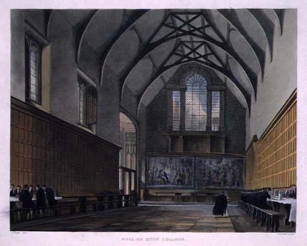 Hall of Eton College ، من "تاريخ كلية إيتون" ، جزء من "تاريخ الكليات" ، نقش بواسطة حانة جوزيف قسطنطين ستادلر (1780-1812). بواسطة ر.أكرمان بواسطة أوغسطس تشارلز (بعد) بوجين