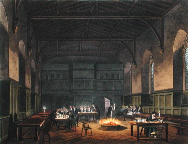 مدرسة Hall of Westminster ، من "تاريخ مدرسة وستمنستر" لأكرمان ، جزء من "تاريخ الكليات" ، محفور بواسطة J. Stadler ، نُشر عام 1816 (aquatint) بواسطة أوغسطس تشارلز (بعد) بوجين