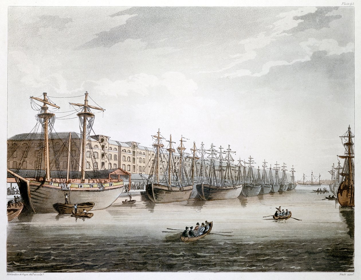 ويست إنديا دوكس ، لندن ، 1808-1810 بواسطة أوغسطس تشارلز بوجين ، توماس رولاندسون