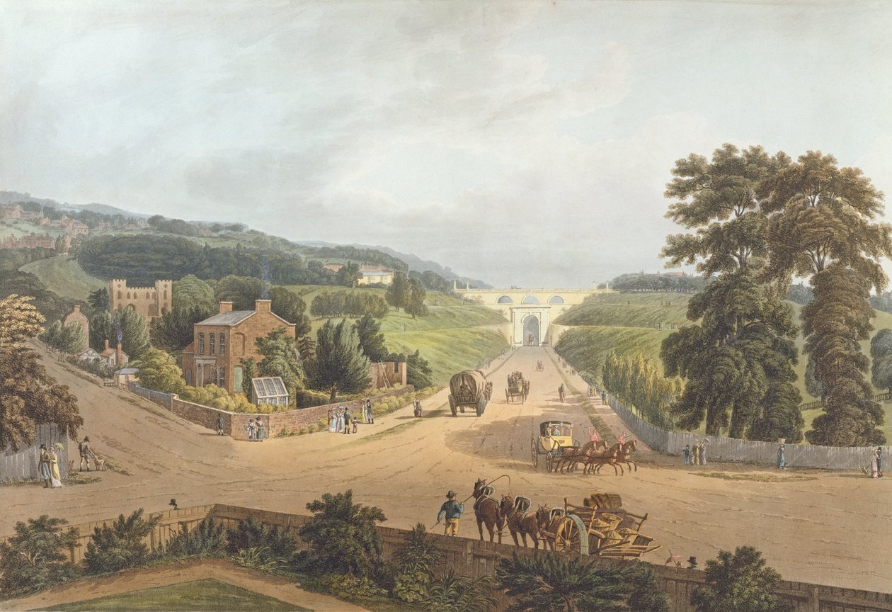 منظر لطريق هاي جيت ، 1821 ، منقوش بواسطة جون هيل (1770-1850) (أكواتينت) بواسطة أوغسطس تشارلز بوجين