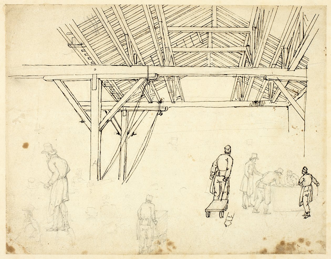 دراسة مرفوضة ، من المحتمل أن تكون من أجل رسم توضيحي للمنزل المخصص ، من Microcosm of London (وجه الصفحة) ؛ اسكتشات العمال بالبراميل (ظهر) بواسطة أوغسطس تشارلز بوجين