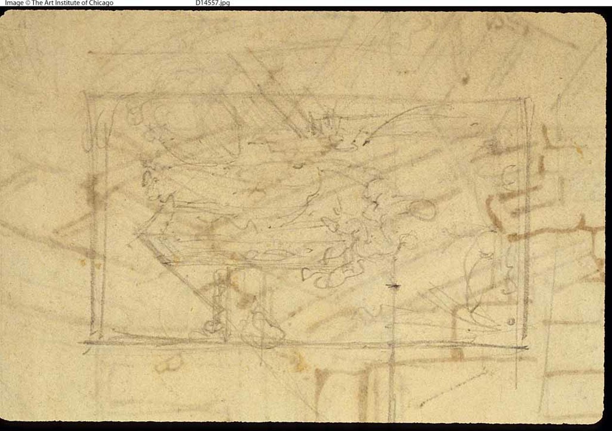 دراسة لغرفة المعارض ، Somerset House ، من Microcosm of London (وجه الصفحة) ؛ رسم تخطيطي للوحة: مادونا والطفل (ظهر) بواسطة أوغسطس تشارلز بوجين