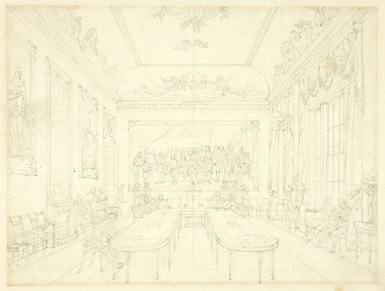 دراسة لـ Trinity House ، من Microcosm of London (وجه الصفحة) ؛ رسم معماري لواجهات منازل الصف (ظهر) بواسطة أوغسطس تشارلز بوجين
