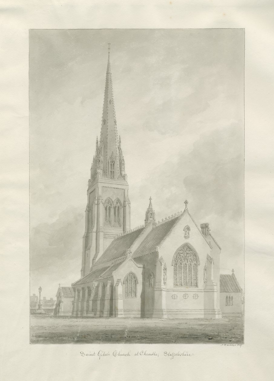 تشيدل - الكنيسة الرومانية الكاثوليكية (القديس جايلز): رسم بني داكن بواسطة Augustus Welby Northmore Pugin