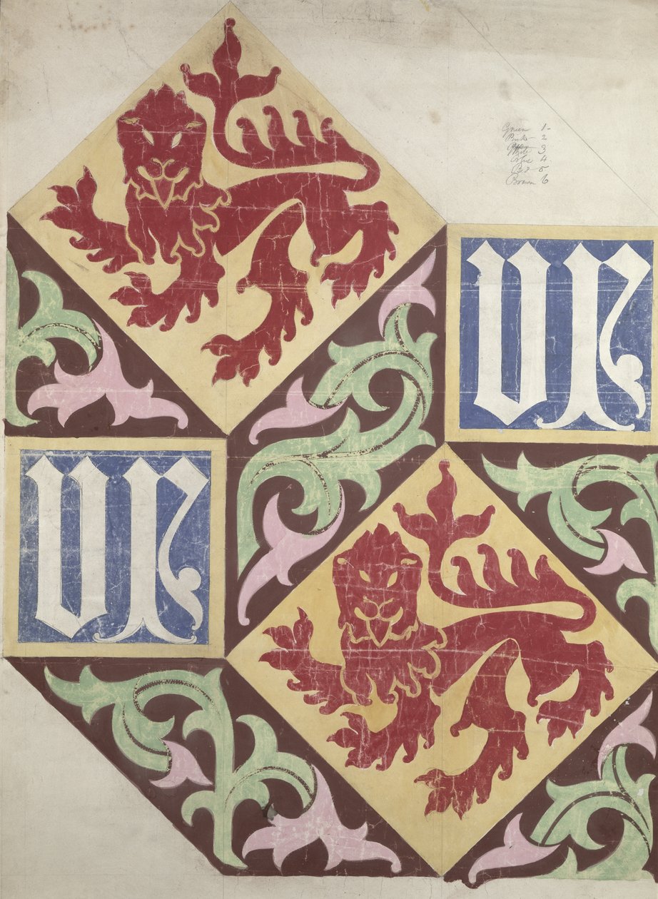 تصميم أرضية لمجلسي البرلمان (غواش وقلم رصاص على ورق) بواسطة Augustus Welby Northmore Pugin