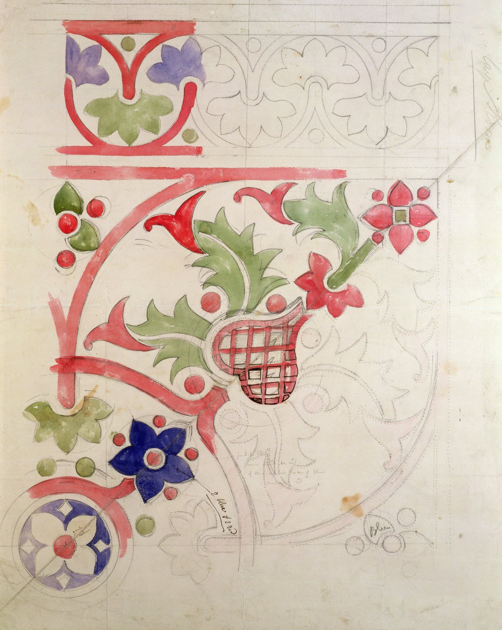 تصميم الأزهار لمكتبة مجلس اللوردات (قلم رصاص ومرحاض على ورق) بواسطة Augustus Welby Northmore Pugin