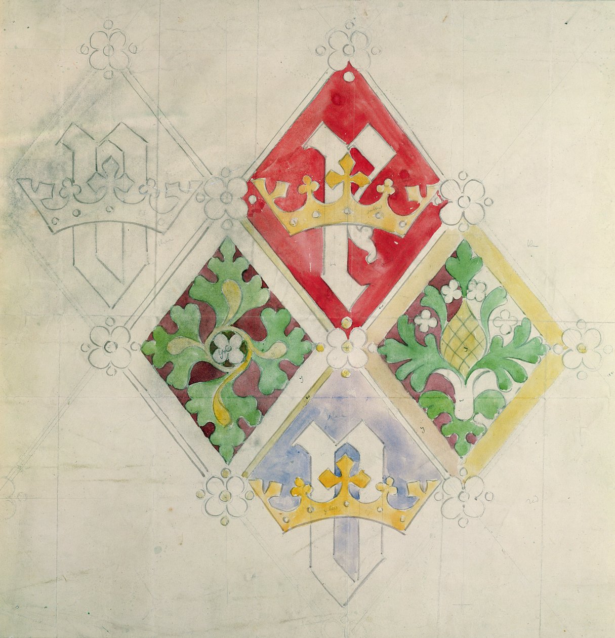 تصميم نافذة من الزجاج الملون لمجلسي البرلمان (مرحاض وقلم رصاص على ورق) بواسطة Augustus Welby Northmore Pugin
