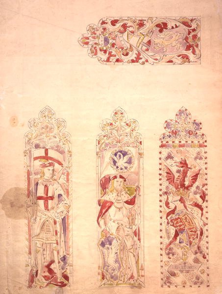 تصميم نافذة زجاجية ملونة لقصر وستمنستر (قلم وحبر وألوان مائية على ورق) بواسطة Augustus Welby Northmore Pugin