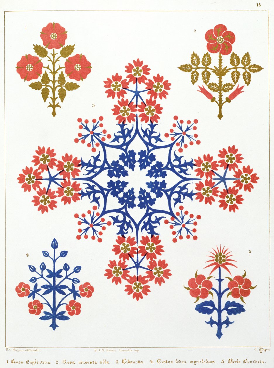 تصميم ورق الحائط من البنفسجي والقزحية والخزامى ، طبعه M. und N. Hanhart بواسطة Augustus Welby Northmore Pugin
