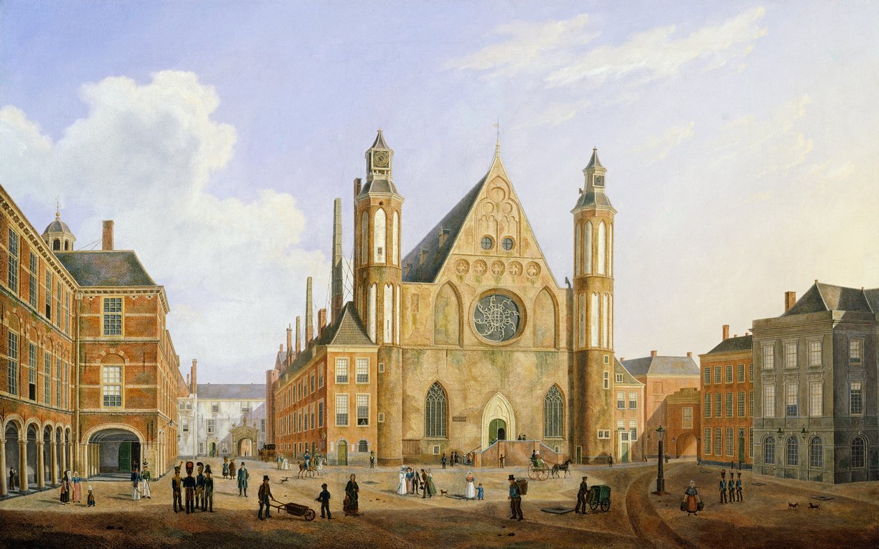 Binnenhof في لاهاي مع إطلالة على Ridderzaal مع الجنود وشخصيات أخرى في الفناء بواسطة أوغسطس وينانتز