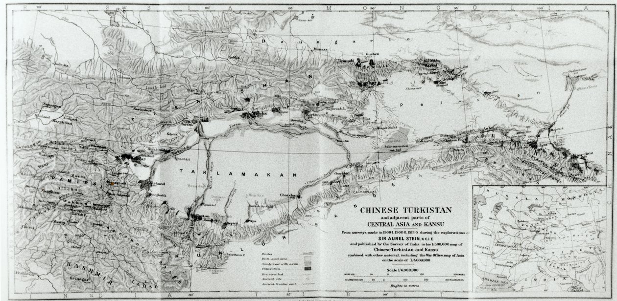 خريطة تركستان الصينية ، من "على مسارات وسط آسيا القديمة" بقلم شتاين ، نُشرت عام 1933 بواسطة أوريل شتاين