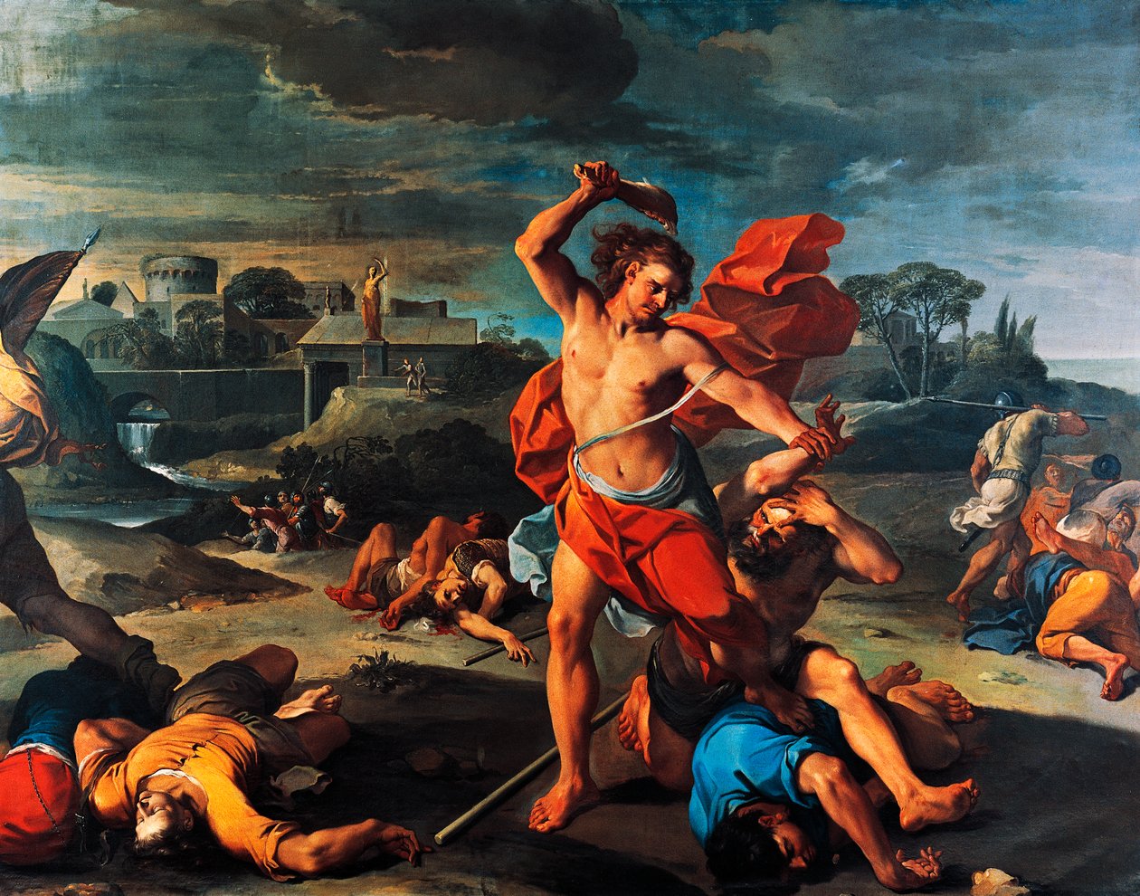 Samson slaying Philistines, painting by Aureliano Milani (1675-1749), oil on canvas, 225x290 cm, Italy بواسطة أوريليانو ميلاني