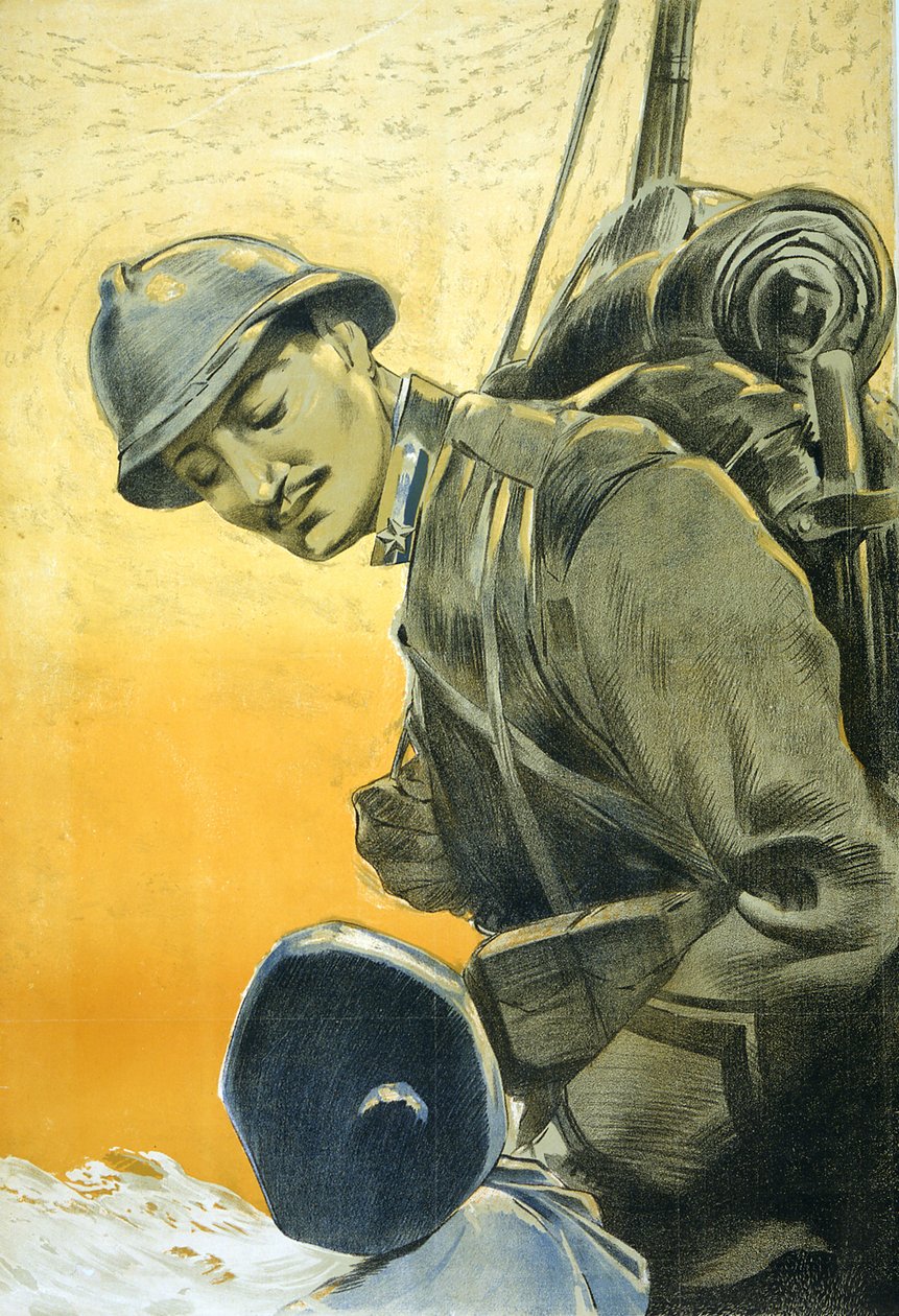 يُظهر ملصق إيطالي للحرب العالمية الأولى جنديًا ينظر إلى ابنه الصغير. "1917 أوريليو كرافونارا بواسطة أوريليو كرافونارا