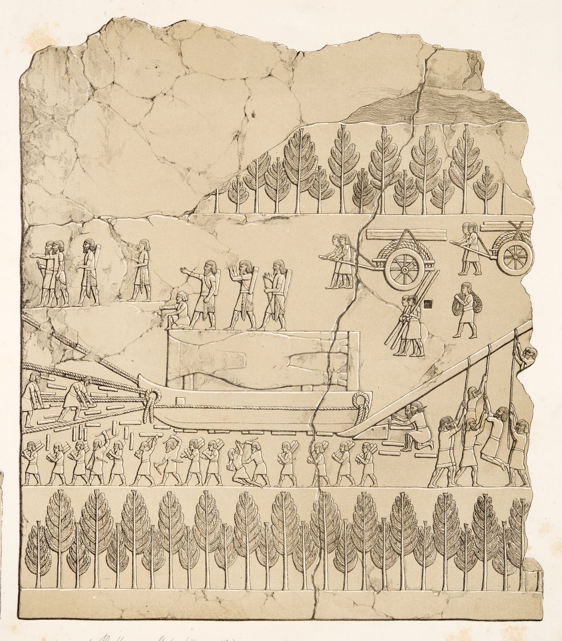 الآشوريون ينقلون ثورًا مجنحًا على زلاجة (Kouyunjik) ، من آثار نينوى ، حانة. 1849 (نقش) بواسطة أوستن هنري لايارد