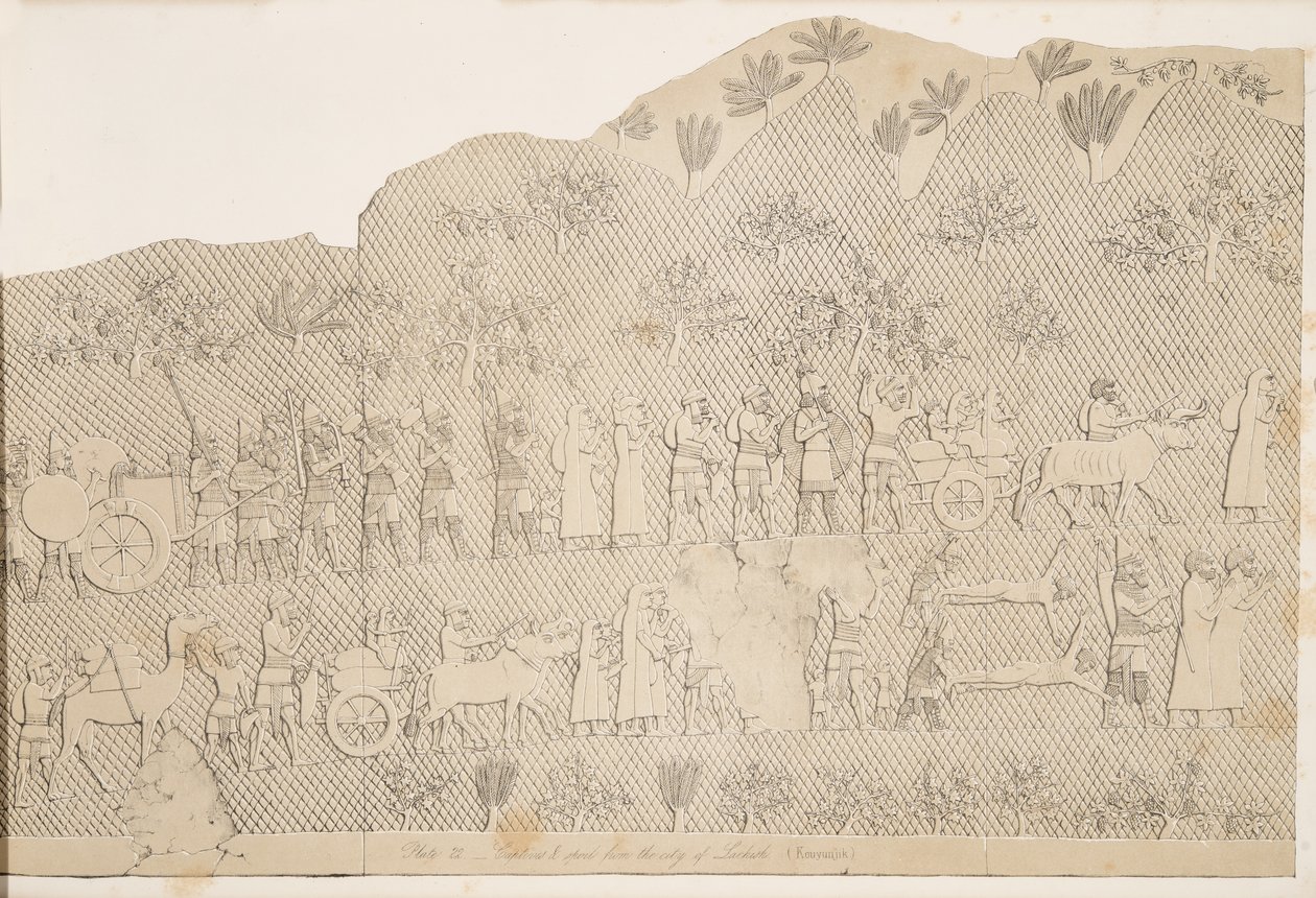 الأسرى والغنائم من مدينة لخيش ، توضيح من آثار نينوى ، 1858 بواسطة أوستن هنري لايارد