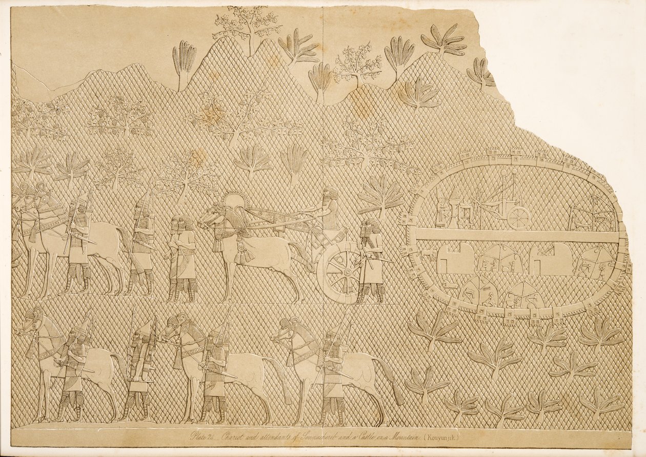 عربة ومرافقة سنحاريب وقلعة على جبل (Kouyunjik) ، من آثار نينوى ، حانة. 1849 بواسطة أوستن هنري لايارد