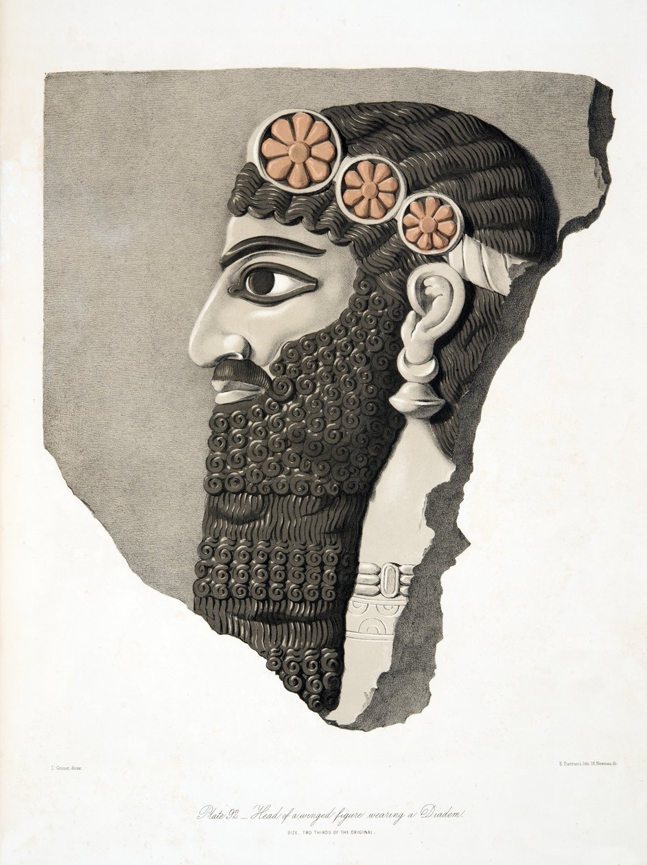 رأس لشخص مجنح يرتدي إكليل ، من آثار نينوى ، حانة. 1849 بواسطة أوستن هنري لايارد